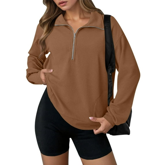 YODETEY No Boundaries Womens Sweatshirt, Half Zip Up Pullover Oversized Sweatshirts, Long Sleeve Drop Shoulder Fleece Workout Pullover Solid Sweatshirt,Brown,Women's Plus XL