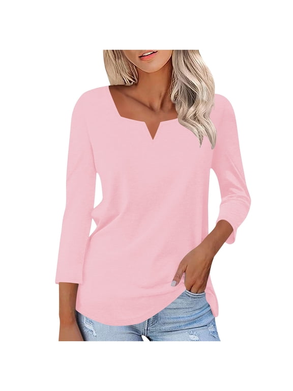 Womens T-Shirts, V-Neck Long Sleeve Shirts for Ladies,Pleated Blouses for Women Dressy Casual Long Sleeve Shirts Fall Tunic Tops, Pink,Women's Plus XXL
