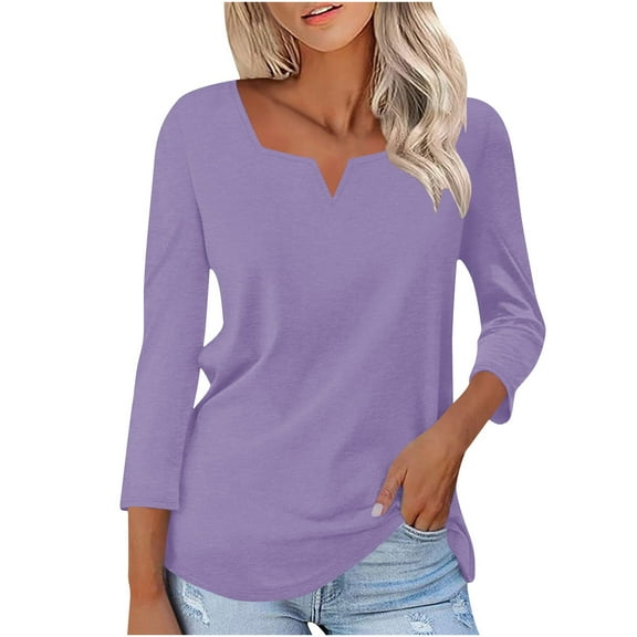 YODETEY Womens T-Shirts, V-Neck Long Sleeve Shirts for Ladies,Pleated Blouses for Women Dressy Casual Long Sleeve Shirts Fall Tunic Tops, Purple,Women's Plus M