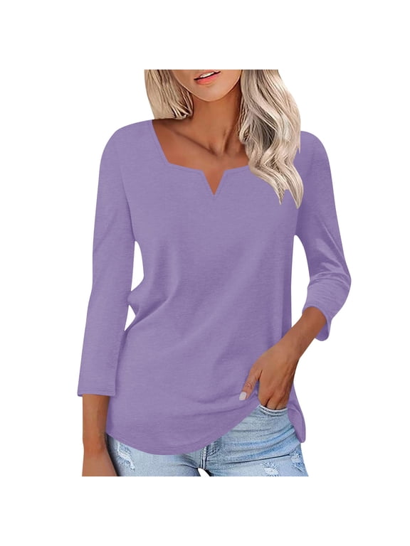 Womens T-Shirts, V-Neck Long Sleeve Shirts for Ladies,Pleated Blouses for Women Dressy Casual Long Sleeve Shirts Fall Tunic Tops, Purple,Women's Plus XXL