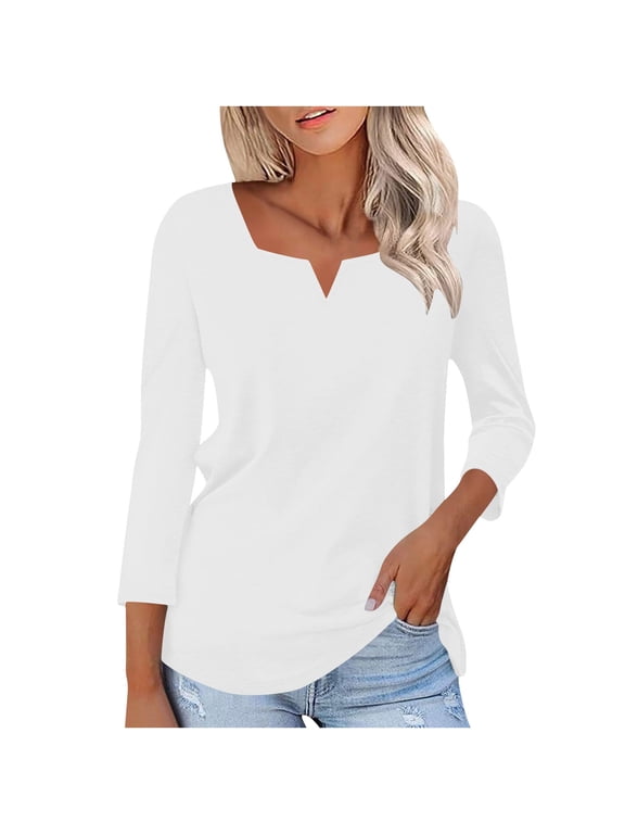 Womens T-Shirts, V-Neck Long Sleeve Shirts for Ladies,Pleated Blouses for Women Dressy Casual Long Sleeve Shirts Fall Tunic Tops, White,Women's Plus L