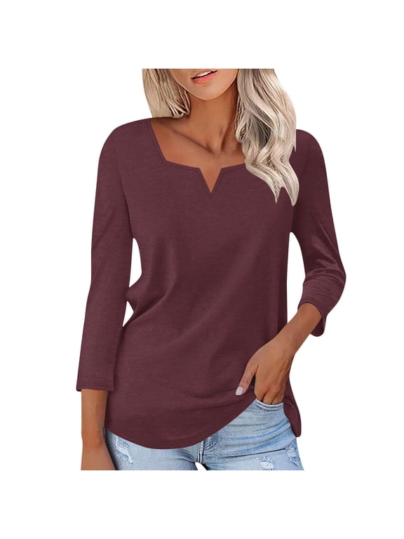 Womens T-Shirts, V-Neck Long Sleeve Shirts for Ladies,Pleated Blouses for Women Dressy Casual Long Sleeve Shirts Fall Tunic Tops, Wine,Women's Plus XXL