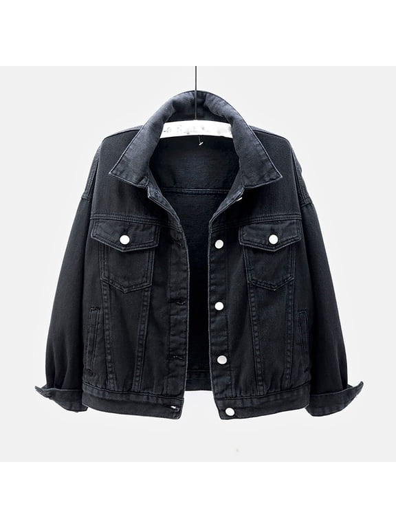 No Bunderies Women's Jean Jacket, Womens Oversized Mid Long Denim Jacket, Basic Solid Color Button Down Denim Cotton Jacket With Pockets, Black Women's Plus L