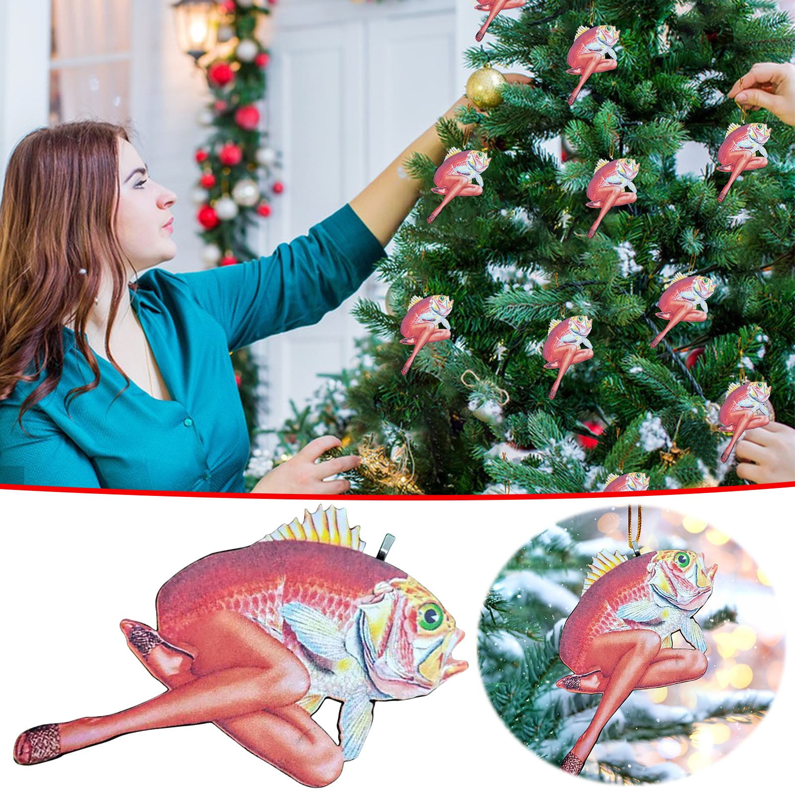 YODETEY Christmas Ornaments Decorations Lady Fish Ornament Weird Gift Tag Single Sided Design 2D