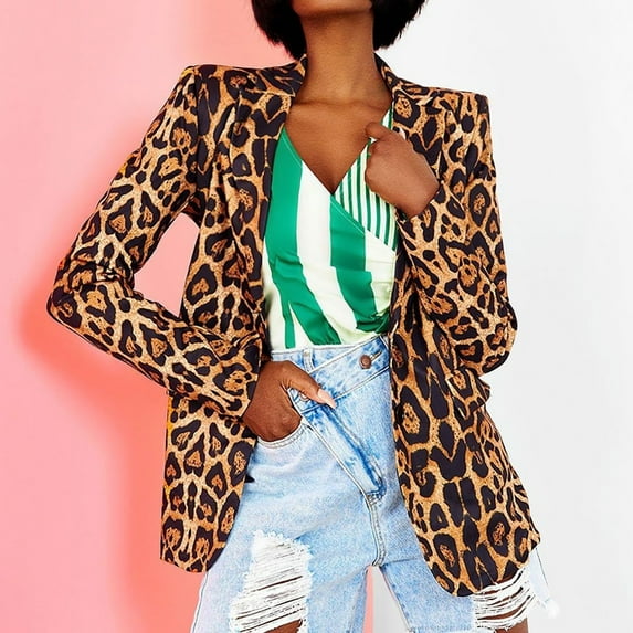 HWRETIE Women Casual Long Sleeve Leopard Print Turndown Collar Fashion Coat Lightweight Outerwear Stylish Fall and Winter Coat for Women