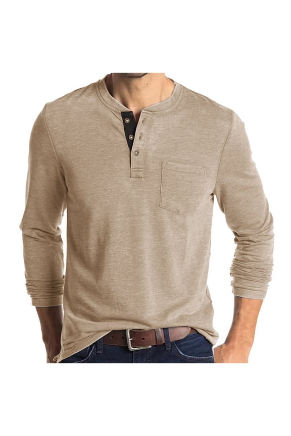 George Men’s Long Sleeve Henley T-Shirt with Pocket, Lightweight Fited Casual Tops for Mens ,Big and Tall Apricot,Size L