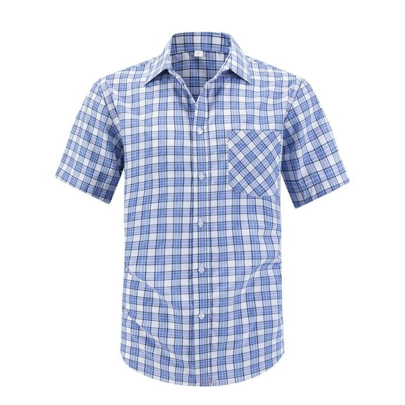 YODETEY George Plaid Button Down Shirts with Shorts Sleeve, Mens Fit Button Down Work Shirts, Blue Big Men's L