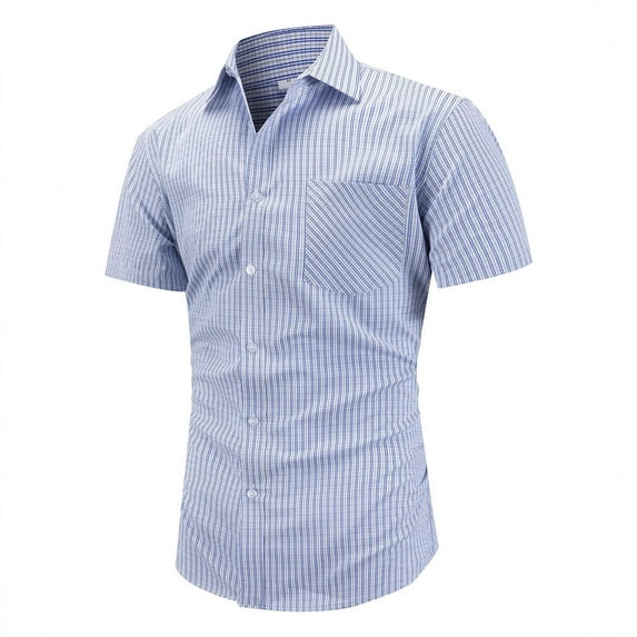 YODETEY George Plaid Button Down Shirts with Shorts Sleeve, Mens Fit Button Down Work Shirts, Light Blue Big Men's XL