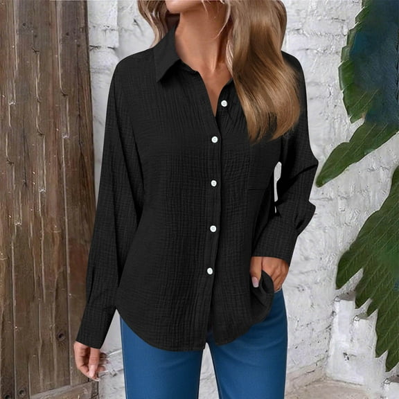 YODETEY Linen Button Up Shirts for Women, Cotton Linen Casual Tops, Solid Color Turn-down Collar Tops, #1-Black,Women's Plus L