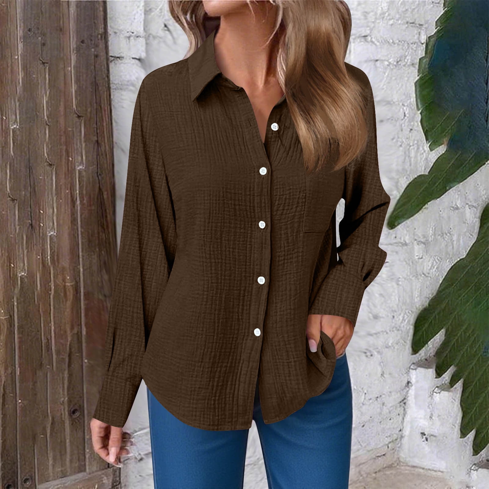 women's brown dress shirt YODETEY Linen Button Up Shirts for Women, Cotton Linen Casual Tops, Solid Color Turn-down Collar Tops, #1-Brown,Women's Plus M Color:turquoise as well as two Swatch:#3f4e65 Denim Formal Dresses |