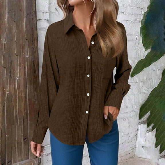 YODETEY Linen Button Up Shirts for Women, Cotton Linen Casual Tops, Solid Color Turn-down Collar Tops, #1-Brown,Women's Plus XL