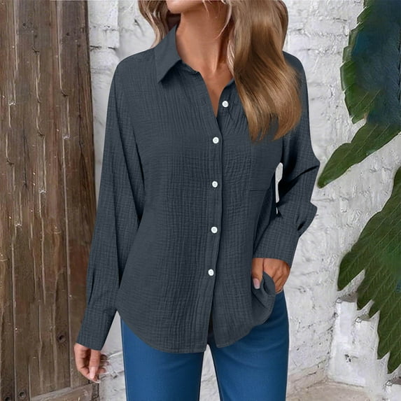 YODETEY Linen Button Up Shirts for Women, Cotton Linen Casual Tops, Solid Color Turn-down Collar Tops, #1-Navy,Women's Plus XL