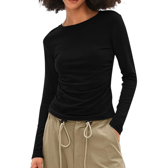 YODETEY Long Sleeve Shirts for Women, Crewneck Tees, Y2K Slim Comfortable Lightweight Blouses, Longsleeve Fit Pullover T-shirt Tops, Black Women's Plus L