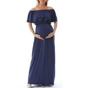 YODETEY Maternity Breastfeeding One-Shoulder Dress Pregnant Woman's Fashion Solid Color Short Sleeve Dress Loose Flounce Dress Dark Blue