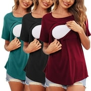 YODETEY Maternity Round Neck Breastfeeding Blouse Pregnant Women's Nursing Short Sleeve Solid Color Top Wine