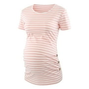 YODETEY Maternity Short Sleeve Top Pregnant Woman's Round Neck Pleated T-shirt with Side Button Pink