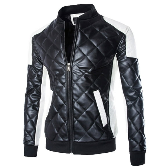 YODETEY Men Casual Color Matching Leather Stand-Up Collar Zipper Jacket Coats Black 12(XXXL)