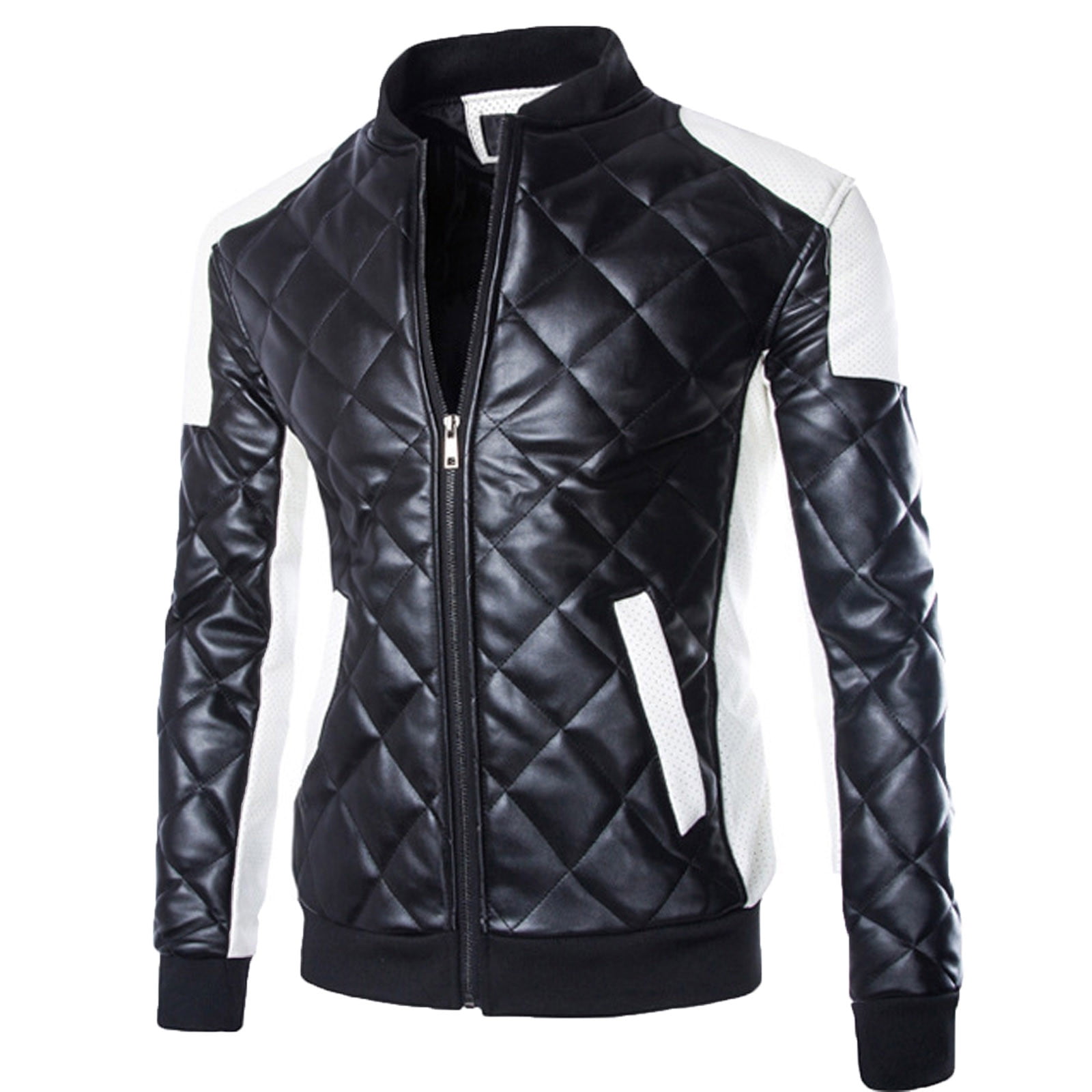 YODETEY Men Casual Color Matching Leather Stand-Up Collar Zipper Jacket Coats Black 16(XXXXXL)