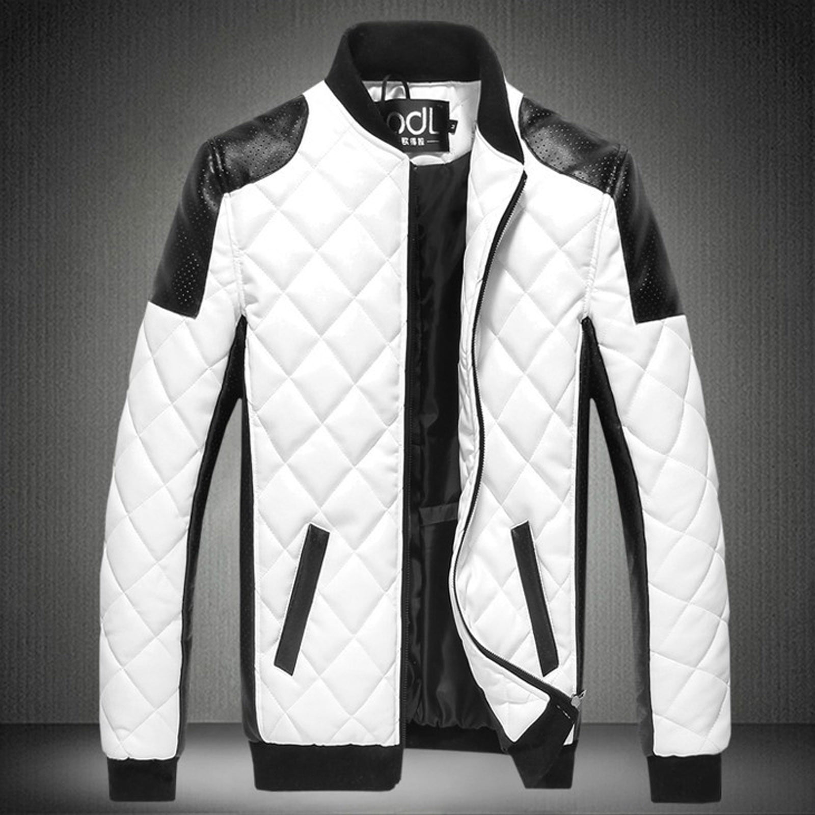 YODETEY Men Casual Color Matching Leather Stand-Up Collar Zipper Jacket Coats White 4(M)