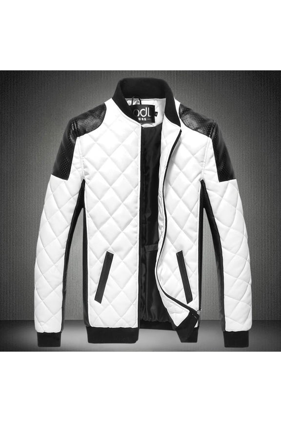 Men Casual Color Matching Leather Stand-Up Collar Zipper Jacket Coats White 4(M)