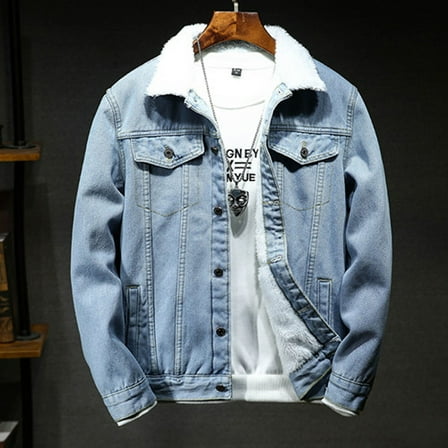 YODETEY Men Casual Solid Thick Denim Jacket Plus Fleece Turndown Jacket Pocket Coat Light blue 14(XXXXL)