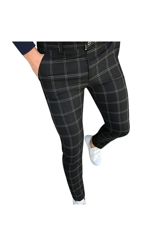Men Dress Pants,Casual Plaid Flat-Front Skinny Business Pencil Long Pants Pocket