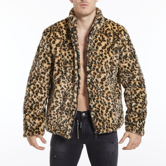 YODETEY Men Leopard Winter Warm Outdoor Woolen Faux-Fur' Coat Collar Overcoat Khaki XXL