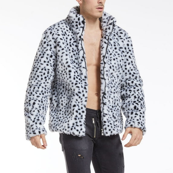 YODETEY Men Leopard Winter Warm Outdoor Woolen Faux-Fur' Coat Collar Overcoat White M