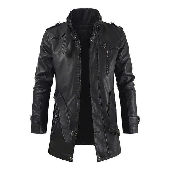 YODETEY Men Mid-Length Solid Artificial Leather Stand Collar Slim Jacket Coats Black 8(XL)