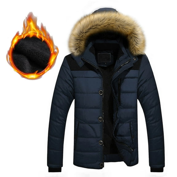 YODETEY Men Outdoor Warm Winter Thick Jacket Hooded Coat Jacket with Zipper Pocket Navy L
