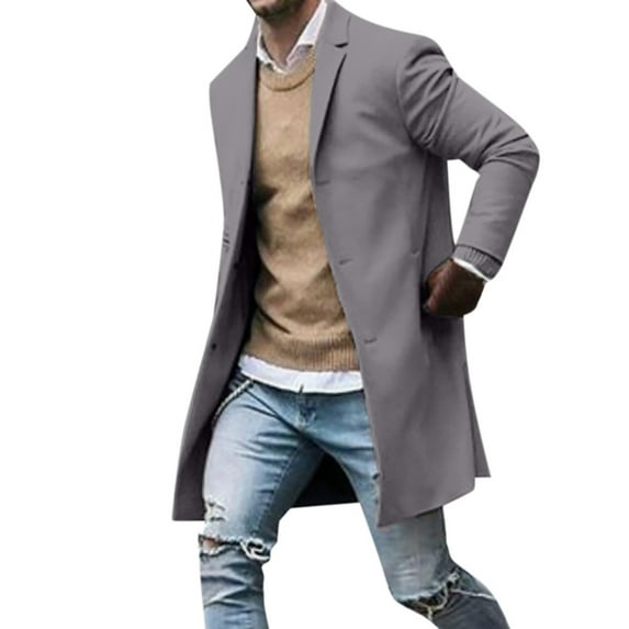 YODETEY Men'S Autumn Winter Button Slim Long Sleeve Suit Jacket Trench Coat Top Blouse Gray XL