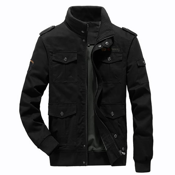 YODETEY Men'S Autumn and Winter Casual Solid Color Tooling Wind Jacket Zipper Coat Black 18(XXXXXL)