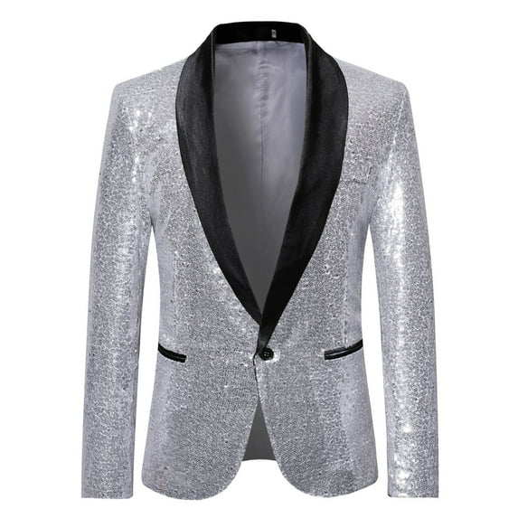 YODETEY Men'S Autumn and Winter Personality Sequins Casual Suit Jacket Silver 6(M)