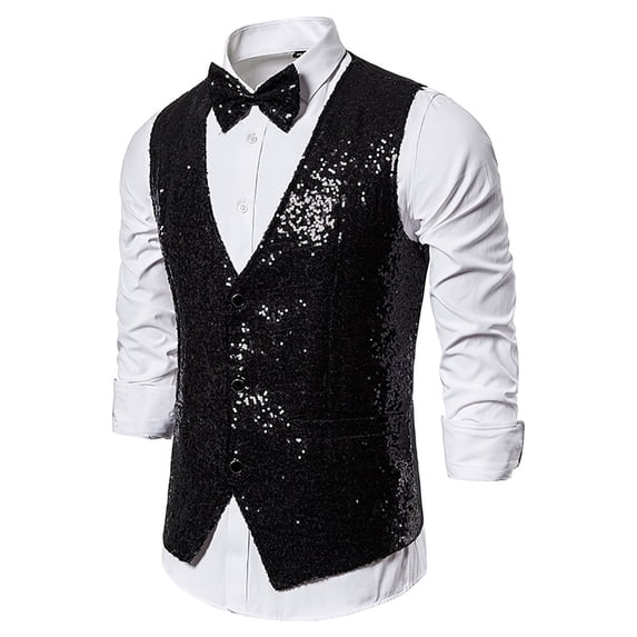 YODETEY Men'S Autumn and Winter Personality Sequins Casual Vest Jacket Black 12(XXL)