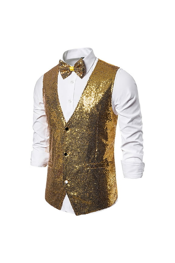 Men'S Autumn and Winter Personality Sequins Casual Vest Jacket Gold 8(L)