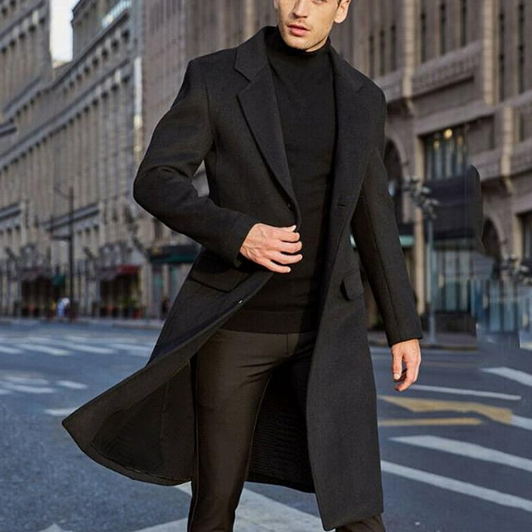 YODETEY Men'S British Style Solid Color Long Coat Able Warm Woolen Overcoat  Black 6(S)