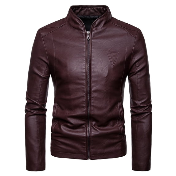 YODETEY Men'S Leather Plus Fleece Jacket Motorcycle Jacket Warm Leather Jacket Wine 6(M)