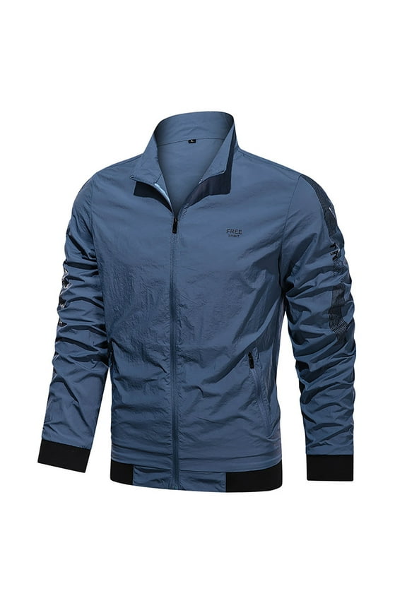 YODETEY Men'S Thin Jacket Casual Sports Windbreaker Hooded Solid Color Coat Navy 14(XXXL)