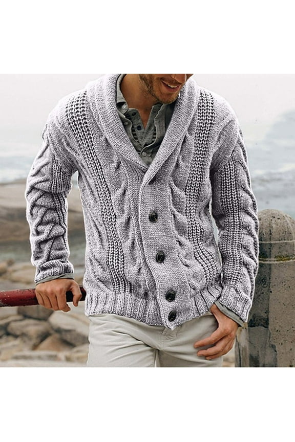 Men Solid Casual Cardigan Long Sleeve Single-Breasted Turndown Sweater Gray 8(L)