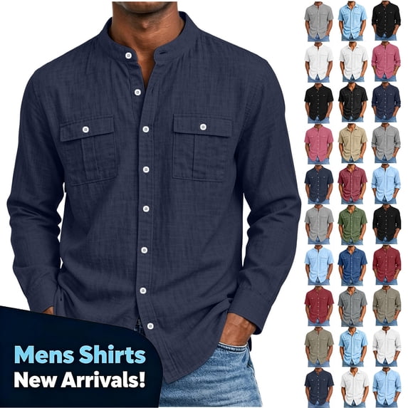 YODETEY Men’s Band Collar Long Sleeve Linen Blend Button-Down Shirt,Big and Tall Navy,Size S-5XL