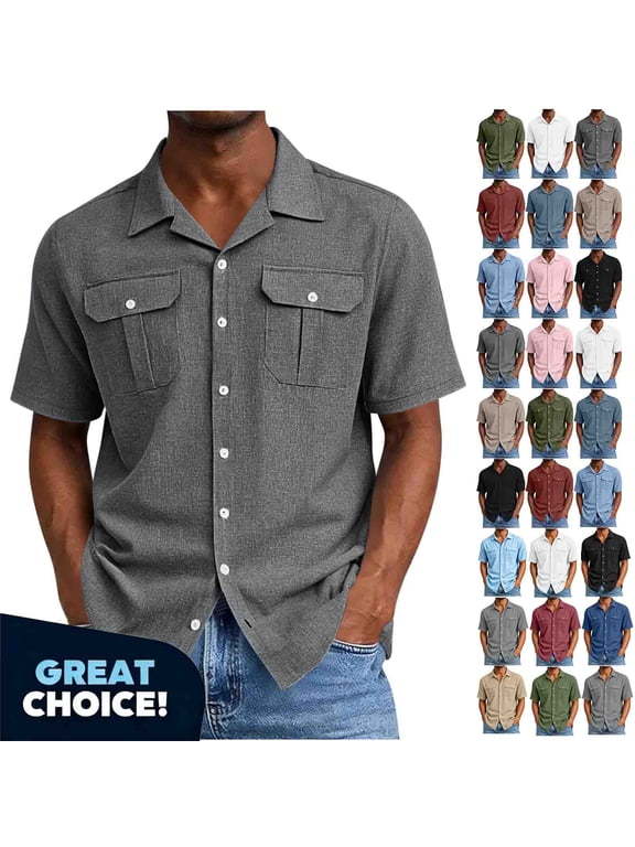 YODETEY Men’s Button Down Front Shirt with Pocket, Casual Short Sleeve Front Shirt for Mens,Big and Tall Dark Gray,Size S-3XL