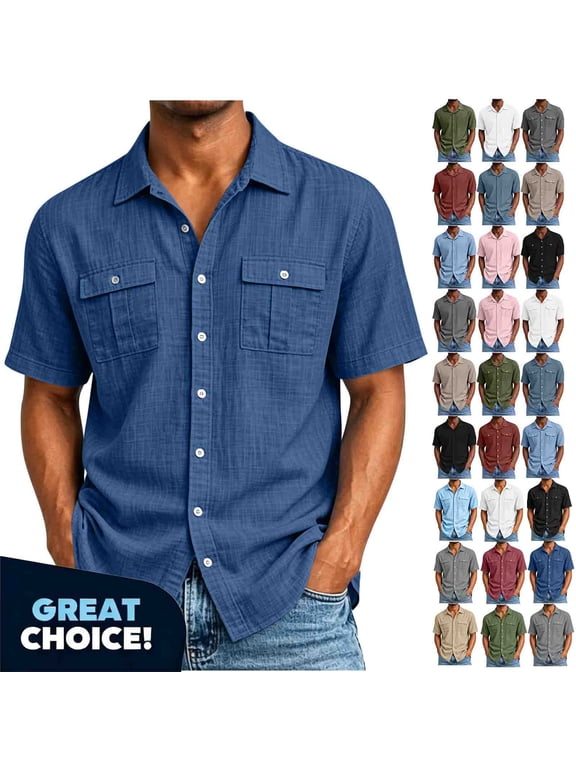 YODETEY Men’s Button Down Front Shirt with Pocket, Casual Short Sleeve Front Shirt for Mens,Big and Tall Navy,Size S-3XL