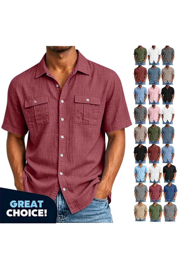 YODETEY Men’s Button Down Front Shirt with Pocket, Casual Short Sleeve Front Shirt for Mens,Big and Tall Wine,Size S-3XL