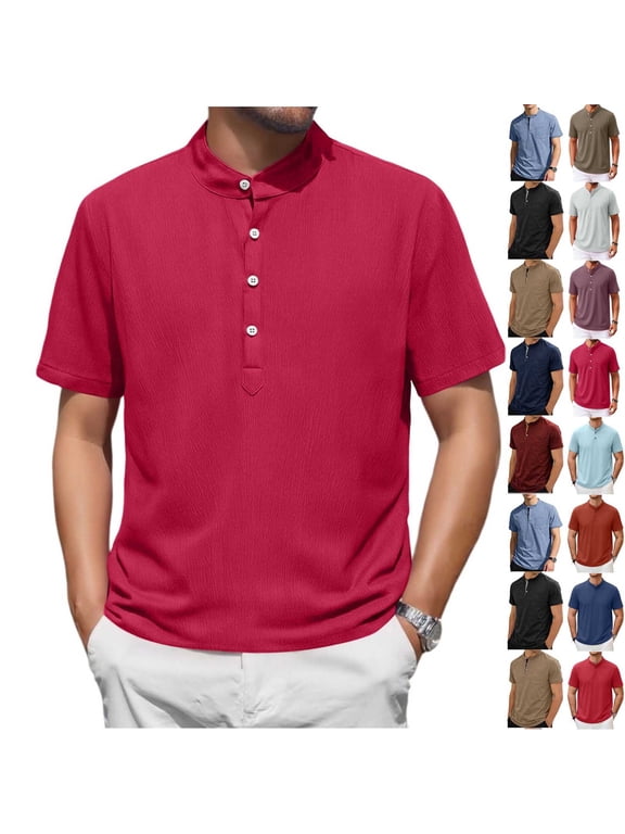 YODETEY Men's Collar Half Button Textured Short Sleeve Henley Shirt,Big and Tall Red,Size S-5XL