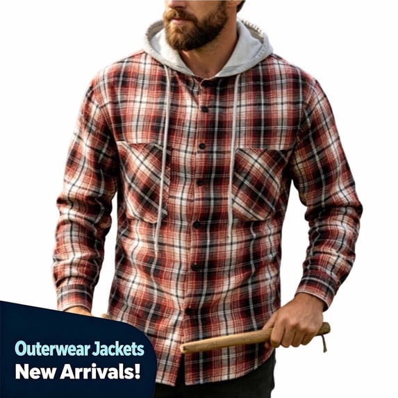 YODETEY Men’s Hooded Plaid Flannel Shirt Jacket, Midweight Casual Long Sleeve Plaid Shacket, Big and Tall ,Size M-4XL