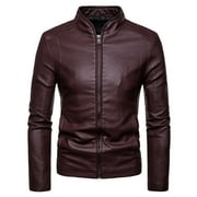 YODETEY Men's Leather Plus Fleece Jacket Motorcycle Jacket Warm Leather Jacket Wine 8(L)