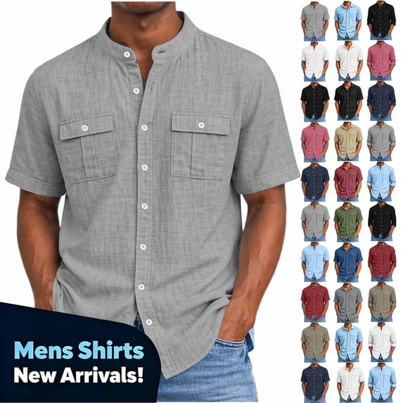 YODETEY Men’s Linen Crew Neck Button Down Short Sleeve Shirts with Double Pocket,Big and Tall Dark Gray,Size S-5XL