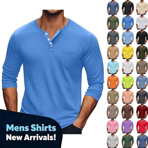 YODETEY Men's Long Sleeve Casual Henley Shirt with Pocket, Everyday Soft Basic Henleys for Mens,Big and Tall Blue,Size S-5XL