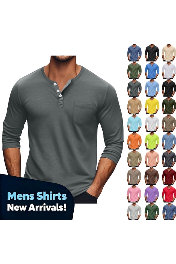 YODETEY Men's Long Sleeve Casual Henley Shirt with Pocket, Everyday Soft Basic Henleys for Mens,Big and Tall Gray,Size S-5XL