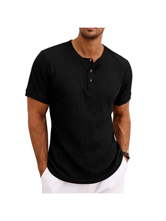 YODETEY Men’s Ribbed Knit Short Sleeve Henley T-Shirt,Big and Tall Black,Size S-3XL